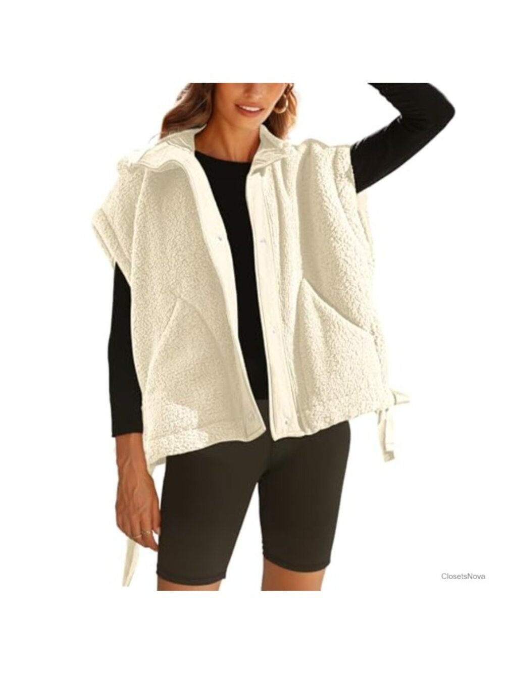 Fuzzy Fleece Vest Sleeveless Sherpa Jacket Button Up Drawstring Hem